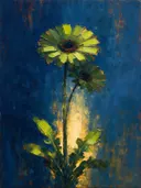 Schilderij van gerbera in limoen, in vlakke kleurvlakken