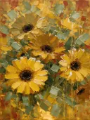 Gerbera in mosterd, schilderij van gerbera tegen de lucht