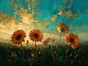 Gerbera onder de hemel in roestturkoois, schilderij van gerbera op de helling