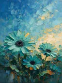 Gerbera onder de hemel in turkoois, schilderij van gerbera van dichtbij