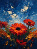 Gerbera onder de hemel in vuur, schilderij van gerbera onder de hemel
