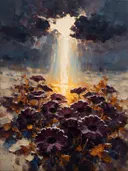 Gerbera onder een storm in aubergine, schilderij van gerbera