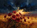Gerbera onder een storm in karmozijn, schilderij van gerbera