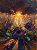 Schilderij van gerbera onder een storm in paarsoranje, in vlakke kleurvlakken