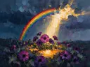 Gerbera onder een storm in violet, schilderij van gerbera onder een storm