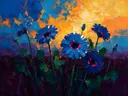 Gerbera tegen de lucht in kobaltmagenta, schilderij van gerbera tegen de lucht