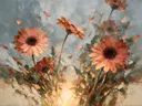 Gerbera tegen de lucht in koraal, schilderij van gerbera tegen de lucht