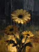 Gerbera tegen de lucht in mosterd, schilderij van gerbera tegen de lucht