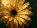 Schilderij van gerbera van dichtbij in goudoker, in vlakke kleurvlakken