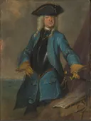Gerrit Sichterman (1688 1730). Generaal kwartiermeester der cavalerie, kolonel van het regiment infanterie Oranje Groningen, commandant van Grave van Cornelis Troost: portret met man, steek, blauwe jas en officier, in blauw en okerbruin