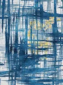 Expressionistisch schilderij met geruite penseelstreken in blauw