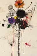 Schilderij van een geschetst bloemenboeket in zwarte lijnen met enkele gekleurde accenten