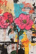 Schilderij van twee roze en rode rozen met zwarte omtreklijnen op een gekleurd vlakkenpatroon