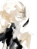 Abstract expressionistisch portret opgebouwd uit brede penseelstreken in beige en zwart.