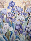 Geschilderd irisveld in paars en blauw, botanisch schilderij