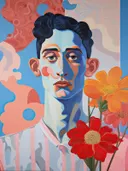 Kunstzinnig portret van een man met blauwe gezichtsschaduwen tussen rode en oranje bloemen.