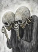 Surrealistisch schilderij van twee gehoede figuren met schedelgezichten in grijstinten