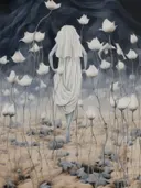 Surrealistische gesluierde figuur in wit gewaad tussen witte tulpen in een woestijn