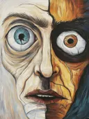 Surrealistisch schilderij van een gezicht half mens, half hout met gebarsten textuur en twee verschillend gekleurde ogen