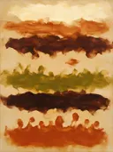 Gestapelde banden in aarde en olijf, abstract schilderij met doorschijnende wassingen