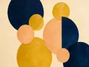 Gestapelde cirkels in de stijl Geometric Earth, in mosterdgeel, warm perzik en dieper marineblauw, met romige crème