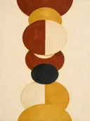 Gestapelde cirkels in de stijl Geometric Earth, in diep roest, mosterdgeel en romige crème, met een diepzwart accent