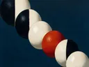 Gestapelde cirkels in de stijl Geometric Earth, in inktzwart en beenderwit, met één baan vermiljoen
