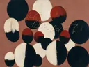 Gestapelde cirkels in de stijl Geometric Earth, in inktzwart en beenderwit, met één baan vermiljoen
