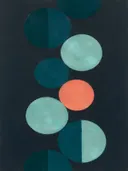 Gestapelde cirkels in de stijl Geometric Earth, in diep zeegroen, petrolblauw en bleek zeeschuim, met een warm koraalrood accent