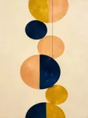 Gestapelde cirkels in de stijl Geometric Earth, in mosterdgeel, warm perzik en dieper marineblauw, met romige crème