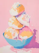 Schilderij van een blauwe kom met gestapelde bollen ijs.
