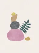 Minimalistisch stilleven met gestapelde stenen en een blad in pasteltinten