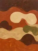Gestapelde vormen in aarde en olijf, abstract schilderij met organische vormen