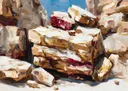 Abstract schilderij van gelaagde rotsformaties in rood en goud