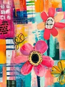 Collage schilderij met rode en roze bloemen en gestikte details