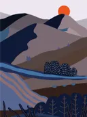 Grafische illustratie van een berglandschap met rivier, bos en een ondergaande zon.