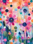 Schilderij met roze en fuchsia bloemen met gestippelde harten op een oranje-blauwe achtergrond met veel kleurstippen