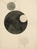 Abstracte compositie met grote gestippelde zwarte en grijze cirkels en dunne geometrische lijnen