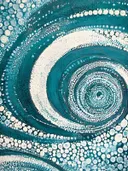 Abstract schilderij met gestippelde spiraal in turquoise