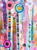 Abstract schilderij met gestreepte achtergrond en cirkelvormige bloemen