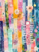 Collageschilderij met verticale kleurstroken, witte margrieten en roze en paarse cirkels op blauwe achtergrond