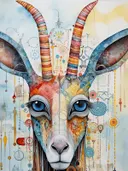 Steenbok met lange gestreepte gebogen hoorns, grote blauwe ogen en een wit gezicht tegen een lichtblauwe achtergrond