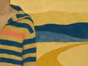 Schilderij van gestreepte trui bij de kust in kobalt en oker, in vlakke kleurvlakken
