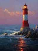 Schilderij van rood-witte vuurtoren aan rotskust bij pastelroze lucht