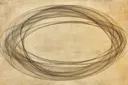 Lijntekening van overlappende ovale ringen op sepia perkamentachtergrond