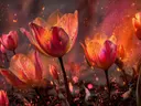 Schilderij van oranjerode tulpen met vlamachtige tekening