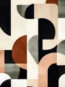 Art deco schilderij met gestapelde boogvormen in terracotta en zwart