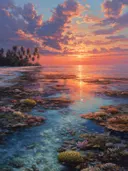 Schilderij van een getijdenpoel met koraal, verlicht door een zonsondergang