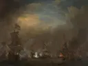 Gevecht tijdens de zeeslag bij Kijkduin van Willem van de Velde: zee met zeeslag, zeilschepen, rook en zee, in donker bruingrijs