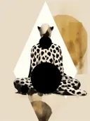 Surrealistisch kunstwerk van een gevlekte mens-dierfiguur zittend in meditatiehouding tussen geometrische vormen.